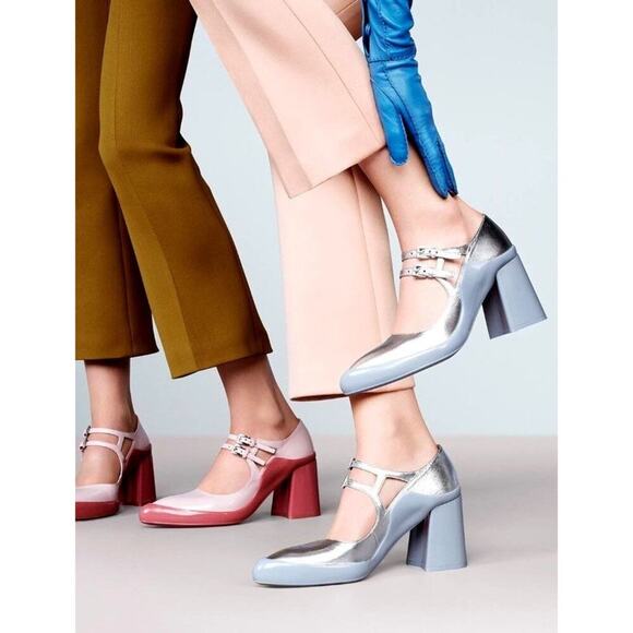 Prada F/W 2015 Silver Metallic Leather Mary Jane Rubber Trim Block Heels IT 37.5 - Picture 3 of 16